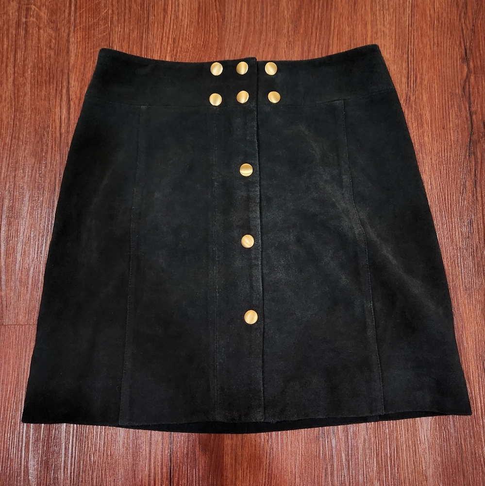 L'Academie Black Suede Mini Skirt with Gold Buttons